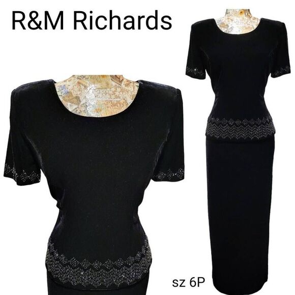 Formal Long Black Velvet Beaded Long Gown Maxi Dress Designer R&M Richards - Picture 3 of 12